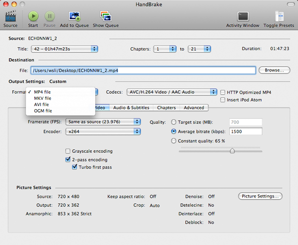 Handbrake - select output setting