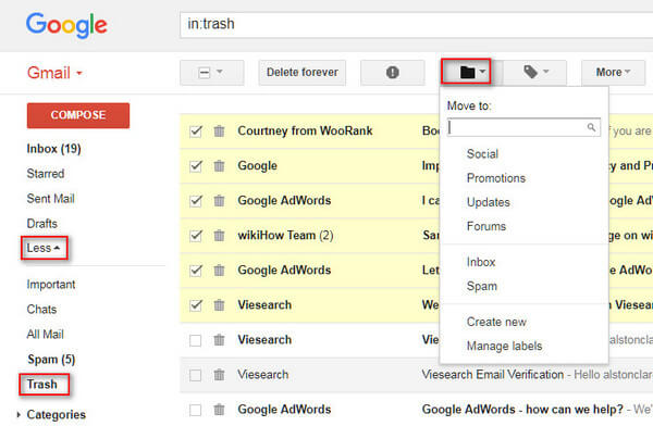 gmail how to get back deleted emails
