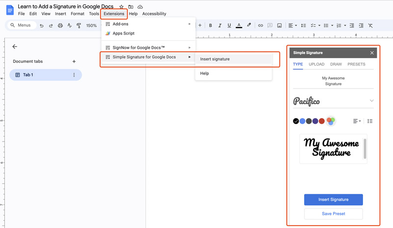 Insert Signature In Google Docs With Simple Signature