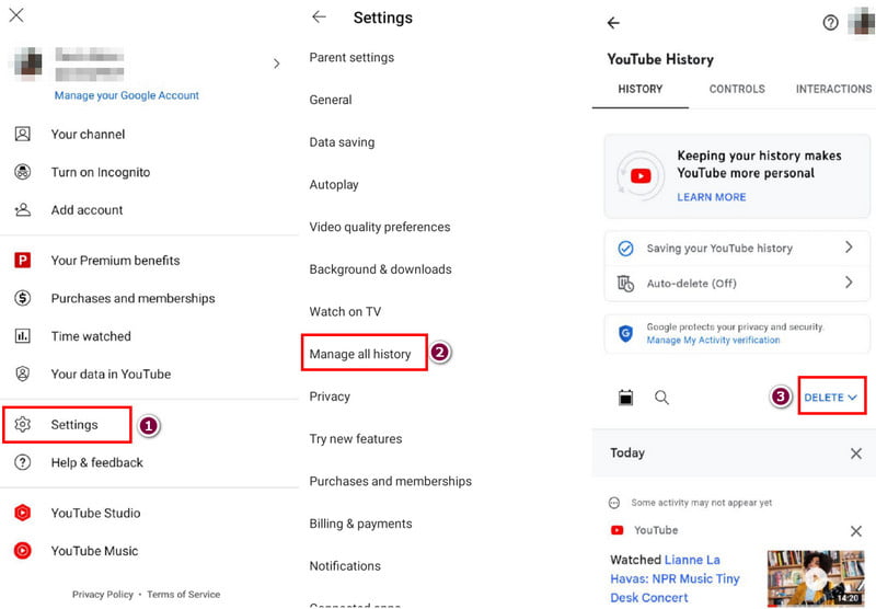 YouTube Settings Manage All History Delete