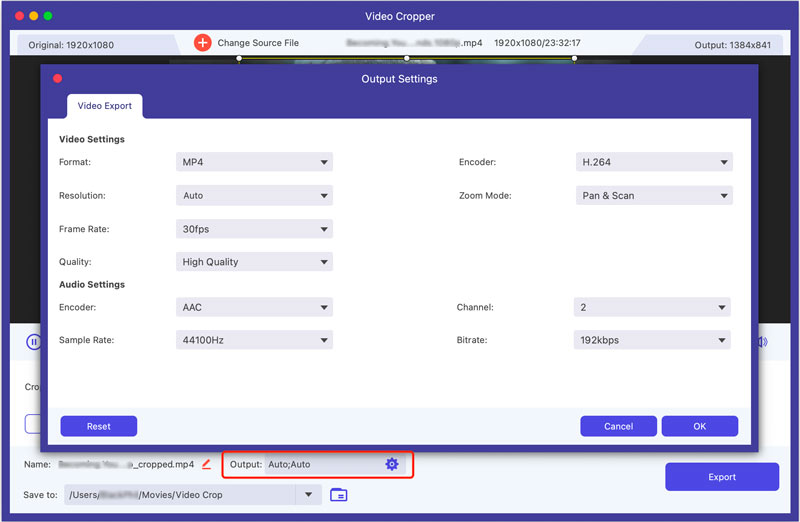 VCU Video Cropper Output Settings