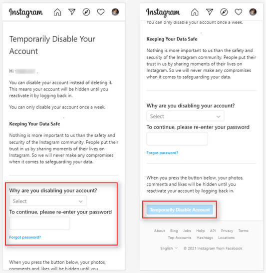 instagram delete account instead of temporarily disable