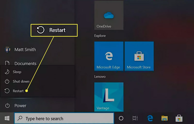 Reboot Asus Laptop from Start Menu