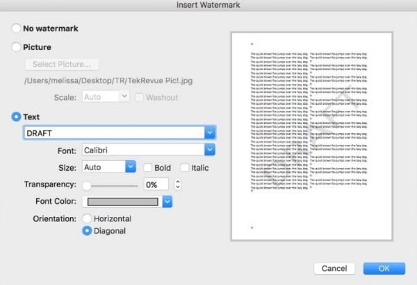 insert watermark in word for mac