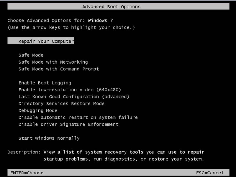 Windows 7 Advanced Boot Options