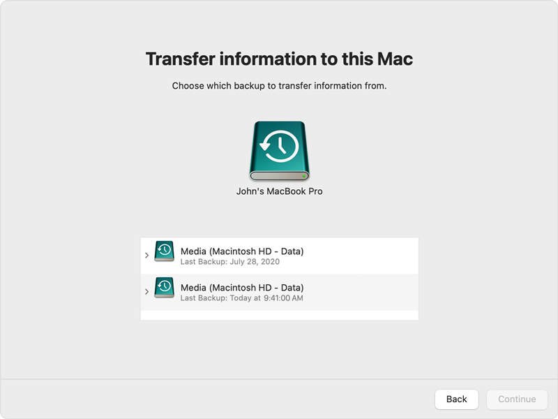 Migration Assistant Select Backup