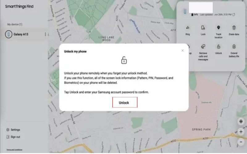 Unlock in Find My Mobile