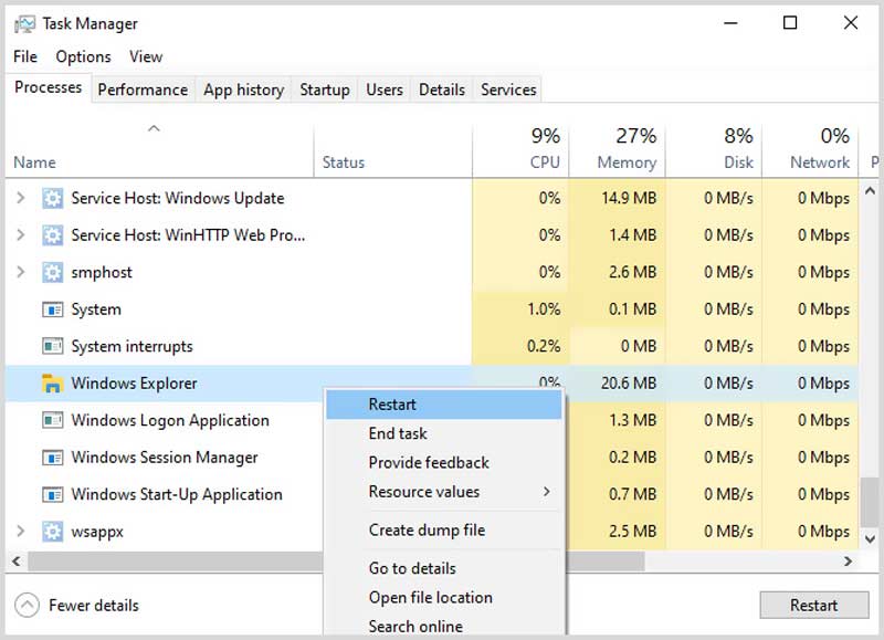 Restart Windows Explorer Windows 10