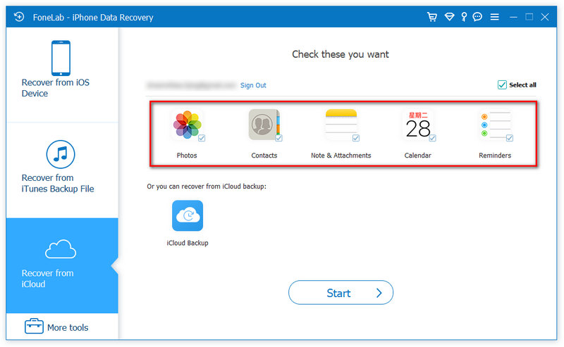 FoneLab select Data Type from iCloud for Scanning