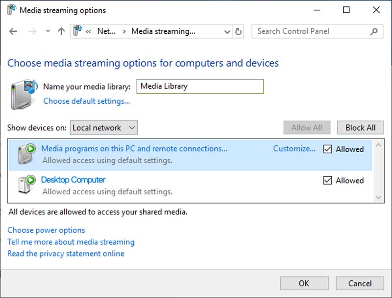 DLNA Windows 10 Setup Media Streaming Options