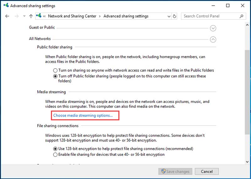 Windows 10 Choose Media Streaming Options