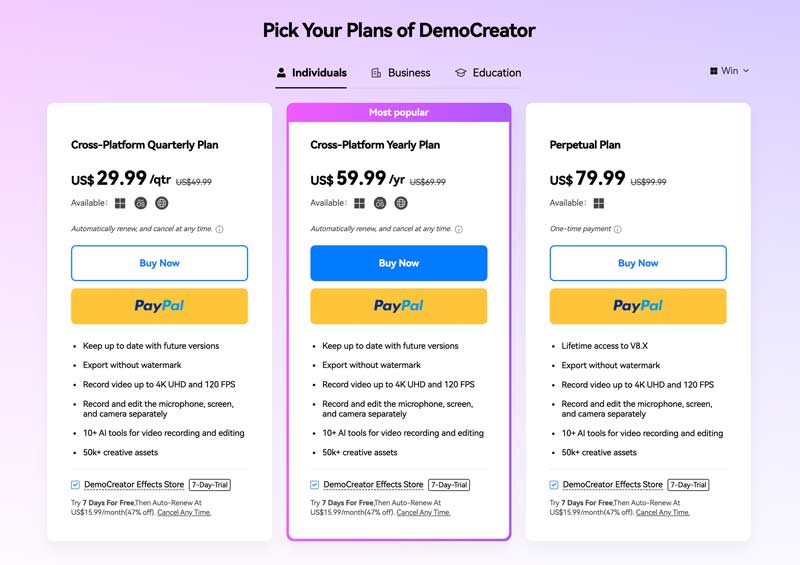 Wondershare DemoCreator Pricing Paid Plans