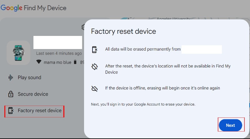 Click Factory Reset Device