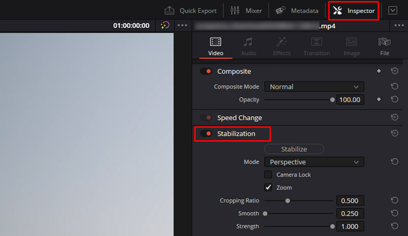 Davinci Resolve Inspector Stabilization